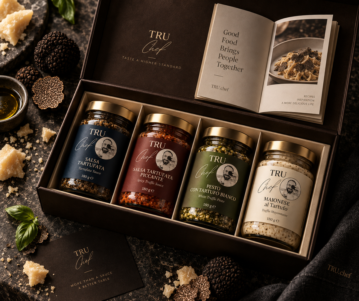 TRU.chef four-jar truffle sauce gift box with recipe booklet